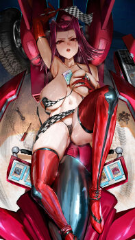 absurdres ancient_fairy_dragon armpits between_breasts bikini black-winged_dragon black_rose_dragon breasts cameltoe checkered_clothes commentary_request curvy duel_monster elbow_gloves gloves highres huge_breasts izayoi_aki large_breasts legs mddueck micro_bikini motor_vehicle motorcycle navel pussy race_queen red_dragon_archfiend red_gloves red_hair red_thighhighs sagging_breasts screwdriver stardust_dragon swimsuit thick_thighs thighhighs thighs yu-gi-oh! yu-gi-oh!_5d's