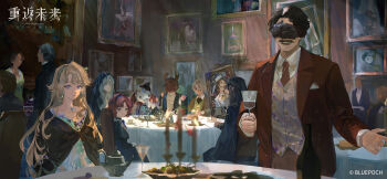 1other 3boys 4girls animus_(reverse:1999) beryl_bouanich black_cloak black_dress black_hair black_mask black_veil blonde_hair blue_eyes blue_hairband brown_jacket brown_pants candle candlestand character_request cloak cocktail_glass collared_shirt copyright_name copyright_notice covered_eyes crab crescent crescent_earrings cup dress drinking_glass earrings elephant_costume eye_mask facial_hair feast floating_earrings floral_print_vest green_hairband grey_hair hairband highres holding holding_cup hummingbird_(reverse:1999) indoors jacket jewelry logo long_hair looking_at_viewer mascot_costume mask mouth_veil multiple_boys multiple_girls mustache necktie official_art official_wallpaper open_mouth painting_(object) pants people professor_roseau_(reverse:1999) red_hair red_necktie reverse:1999 round_table shirt smile suit_jacket table tablecloth teapot veil white_dress white_shirt