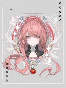 1girl absurdres apple arknights bird black_jacket blue_flower chinese_commentary collar commentary_request cropped_shoulders diamond_(shape) flower food fruit hair_between_eyes halo highres jacket lemuen_(arknights) long_hair looking_at_viewer pink_eyes pink_flower pink_hair portrait sample_watermark si_du sidelocks solo sparkle traditional_halo watermark white_bird white_collar white_flower white_halo white_wings wings x_(symbol)