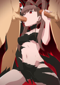 1girl 2boys amano_nene_(digimon_xros_wars) breasts brown_hair censored collarbone commentary_request commission corruption covered_erect_nipples dark_persona digimon digimon_xros_wars fellatio female_masturbation group_sex handjob hetero highres long_hair masturbation medium_breasts mmf_threesome mosaic_censoring multiple_boys navel oral penis ponytail possessed possession purple_eyes shademon shademon_(nene_ver.) skeb_commission stomach testicles thighs threesome yu-ta