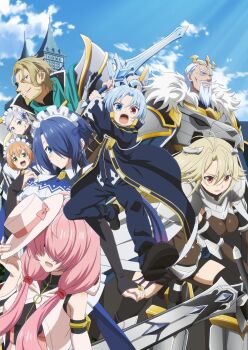 3boys 5girls :d ahoge albert_ararat alichey anime_coloring aqua_scarf arm_at_side armor armor_request armored_boots arms_up bare_shoulders black_bridal_gauntlets black_shirt black_shoes black_thighhighs blonde_facial_hair blonde_hair blue_cape blue_coat blue_eyes blue_gem blue_hair blue_neckerchief blue_pants blue_ribbon blue_shirt blue_sky blush boots bow breastplate breasts bridal_gauntlets brown_gloves cape castle child closed_mouth cloud coat covered_eyes curtained_hair detached_sleeves dynamic_pose earrings elbow_gloves emperor_(kizoku_tensei) evelyn_(kizoku_tensei) everyone facial_hair floating_hair full_body fur-trimmed_armor fur_trim gem gigi_(kizoku_tensei) gloves goatee gold_earrings gold_trim green_eyes grin hair_behind_ear hair_ornament hair_ornament_request hair_over_eyes hair_over_one_eye hair_ribbon hand_on_own_cheek hand_on_own_face hand_up hat hat_bow headwear_request heterochromia high_collar highres holding holding_sword holding_unworn_clothes holding_unworn_hat holding_weapon hood hood_down hooded_vest hoodie hoop_earrings jewelry key_visual kizoku_tensei:_megumareta_umare_kara_saikyou_no_chikara_wo_eru knee_up light_rays long_hair long_sleeves looking_ahead looking_at_viewer low_ponytail low_twintails maid maid_headdress medieval medium_breasts multiple_boys multiple_girls mustache neckerchief noah_ararat official_art old old_man one_eye_covered open_mouth orange_hair outdoors pants parted_bangs pink_bow pink_hair ponytail promotional_art red_eyes red_ribbon ribbon scarf shirley_grantz shirt shoes short_hair short_shorts shorts shoulder_armor sky smile sunbeam sunlight sword teeth thick_eyebrows thighhighs turtleneck twintails two-tone_shirt unworn_hat unworn_headwear v-shaped_eyebrows v_arms vest weapon white_beard white_cape white_facial_hair white_hair white_hat white_trim white_vest wide-eyed wing_collar zoey_(kizoku_tensei)