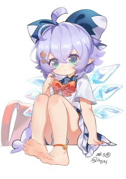 1girl ahoge alternate_costume backpack bag barefoot blue_bow blue_hair blue_sailor_collar blue_skirt blush bow bowtie chinese_commentary cirno commentary_request contemporary detached_wings feet green_eyes hair_between_eyes hair_bow hair_ornament highres hxj_(2324184595) ice ice_wings looking_at_viewer medium_hair pointy_ears randoseru red_bow red_bowtie sailor_collar school_uniform shirt short_sleeves simple_background sitting skirt solo toes touhou white_background white_shirt wings