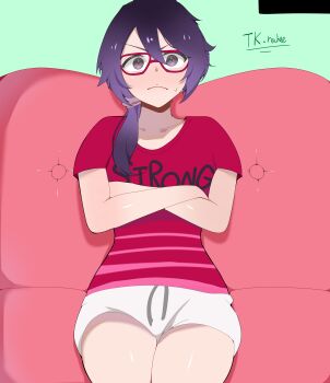 absurdres artist_name bambietta_basterbine bleach bleach:_sennen_kessen-hen closed_mouth collarbone couch crossed_arms glasses highres looking_at_viewer official_alternate_costume quincy_(bleach) shirt shorts side_ponytail sternritter tk.nahee