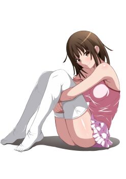 1girl absurdres alternate_breast_size_(larger) armpit_crease ass bakemonogatari bare_shoulders blush breasts brown_eyes brown_hair camisole commentary_request flirty_nadeko frilled_skirt frills highres holding_legs kakukakusan knees_up large_breasts legs_together light_smile long_legs looking_at_viewer medium_hair monogatari_(series) pink_camisole sengoku_nadeko short_hair simple_background sitting skirt smile solo spaghetti_strap strap_slip thick_thighs thighhighs thighs white_thighhighs