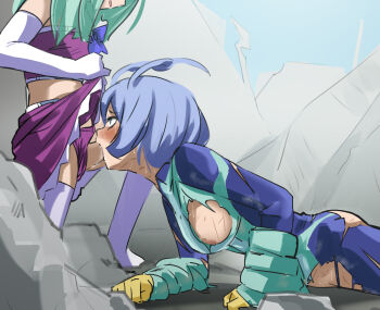 1futa 1girl blue_hair blush boku_no_hero_academia breasts clothes clothes_lift debris elbow_gloves erection faceless faceless_futanari fellatio futa_with_female futanari gloves hado_nejire highres looking_up medium_breasts oral outdoors penis raitaroo short_hair skinsuit skirt skirt_lift standing torn