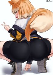 Rule 34 | 1girl, ahoge, animal ears, ass, ass focus, bike shorts, blunt bangs, blush, bumbledoge, cameltoe, dog ears, dog girl, dog tail, english text, fang, from behind, highres, huge ass, jacket, long sleeves, looking at viewer, looking back, open mouth, original, shiba inu, shirt, shoes, smile, sneakers, solo, spandex, squatting, tail, thick eyebrows, thick thighs, thighs, v, white background, white shirt, yellow eyes