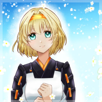 1girl apron armor blonde_hair blue_background bow brown_headband chatan_nakiri_(tenka_hyakken) closed_mouth commentary_request dark-skinned_female dark_skin floral_background flower green_eyes hair_intakes hands_up headband japanese_armor kappougi looking_at_viewer niwasaki_chiyo short_hair shoulder_armor smile sode soles tenka_hyakken upper_body white_flower
