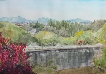 blue_sky building city commentary concrete dam day harusa1107 highres hill mountainous_horizon no_humans original outdoors painting_(medium) scenery sky symbol-only_commentary traditional_media water watercolor_(medium)