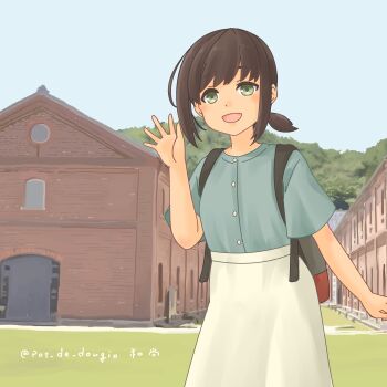 1girl :d absurdres backpack bag blue_shirt blue_sky brown_hair cloud commentary_request cowboy_shot day dress_shirt fubuki_(kancolle) fubuki_(kure)_(kancolle) green_eyes highres kantai_collection long_skirt low_ponytail maizuru_(city) open_mouth outdoors photo_background ponytail pot-de shirt short_ponytail short_sleeves sidelocks signature skirt sky smile solo standing twitter_username waving white_skirt