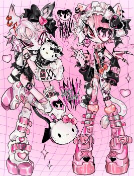Rule 34 | 2girls, :<, amatou akuma, animal ears, animal gloves, animal hands, artist name, bag, bare shoulders, belt, belt collar, black bow, black collar, black hair, black leotard, black nails, black tail, blood, boots, bow, bracelet, buckle, cat ears, cat girl, cat paws, cat tail, chain, character doll, choker, cigarette, closed mouth, collar, cross, demon tail, detached sleeves, doll, ear piercing, earrings, english text, eyepatch, fake animal ears, fake tail, feet up, female focus, frills, frown, full body, garter straps, gloves, gothic lolita, hair bow, hair ornament, hair over one eye, hairband, hairclip, half-closed eyes, hand on own leg, heart, heart-shaped buckle, heart choker, heart eyepatch, heart hair ornament, hello kitty, heterochromia, highres, holding, holding cigarette, holding handbag, holding stuffed toy, horns, jacket, jewelry, leg warmers, leotard, lolita fashion, long sleeves, looking at viewer, loose socks, maid, maid headdress, multicolored boots, multicolored hair, multiple girls, nail polish, necklace, notched ear, original, paw gloves, paw shoes, piercing, pink background, pink boots, pink eyes, pink hair, pink nails, pink shoes, pink theme, pink wings, platform shoes, puffy sleeves, red belt, red eyes, ribbon, sanrio, shoes, short hair, signature, simple background, sleeveless, sleeves past wrists, smoke, smoking, socks, sparkle, standing, star (symbol), stuffed animal, stuffed cat, stuffed toy, symbol-shaped pupils, tail, tattoo, thighhighs, two-tone boots, two-tone hair, white boots, white hair, wings, x-shaped pupils