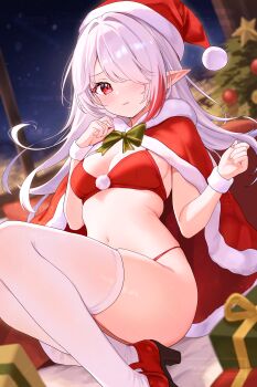 1girl :t absurdres bibixart bikini bow bowtie box bracelet breasts cape christmas_tree cleavage closed_mouth commission frown fur-trimmed_cape fur_bracelet fur_trim gift gift_box hair_over_one_eye hat highleg highleg_bikini highres jewelry long_hair looking_at_viewer medium_breasts multicolored_hair navel original pointy_ears pout red_bikini red_cape red_hat red_shoes santa_bikini santa_costume santa_hat shoes skindentation solo stomach streaked_hair string_bikini swimsuit thighhighs thighs white_hair white_thighhighs