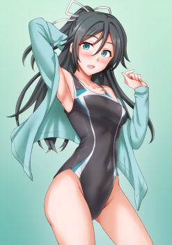 1girl alternate_costume anti_(untea9) arm_behind_head black_hair blue_eyes blush breasts brown_eyes competition_swimsuit cowboy_shot gradient_background green_background green_jacket hair_between_eyes hair_ornament hair_ribbon highres jacket kantai_collection katsuragi_(kancolle) long_hair long_sleeves looking_at_viewer one-piece_swimsuit open_mouth ponytail ribbon smile solo swimsuit twitter_username two-tone_swimsuit white_ribbon