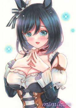 Rule 34 | 1girl, absurdres, animal ears, bare shoulders, black hair, blue eyes, blush, bob cut, bodice, breasts, choker, cleavage, corset, detached sleeves, dirndl, ear scrunchie, eishin flash (meisterschaft) (umamusume), eishin flash (umamusume), german clothes, hair between eyes, highres, horse ears, horse girl, large breasts, long sleeves, looking at viewer, marker (medium), mimikuro, open mouth, red choker, red skirt, scrunchie, shirt, short hair, skirt, smile, solo, sparkle, striped clothes, striped skirt, swept bangs, traditional media, umamusume, upper body, vertical-striped clothes, vertical-striped skirt, white background, white scrunchie