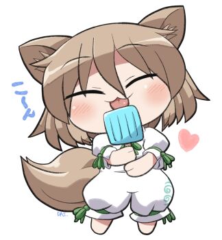1girl :3 animal_ears barefoot blush brown_hair chibi chibi_only closed_eyes closed_mouth commentary_request facing_viewer food fox_ears fox_girl fox_tail full_body green_ribbon heart highres holding holding_food holding_popsicle ko~n kudamaki_tsukasa popsicle ribbon rokugou_daisuke romper short_hair short_sleeves signature simple_background sleeve_ribbon smile solo standing tail tongue tongue_out touhou white_background white_romper