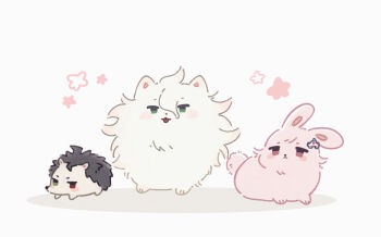 Rule 34 | ahoge, animalization, blush, brown hair, danganronpa (series), danganronpa 2: goodbye despair, dog, hair ornament, hedgehog, hinata hajime, komaeda nagito, nanami chiaki, nekojiri, no humans, rabbit, simple background, white background