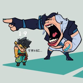 1boy 1girl angry black_hair chinese_clothes iron_fist_(marvel) lin_lie_(marvel) luna_snow male_focus marvel marvel_rivals mask muscular muscular_male short_hair simple_background steve_ly superhero_costume yellow_mask