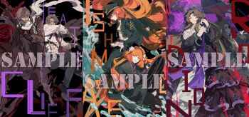 2boys 4girls absurdres baseball_bat beard_stubble belt black_background black_coat black_dress black_pants black_shoes blood blue_eyes boots breasts brown_boots brown_coat brown_hair brown_pants chain chest_harness cleavage clenched_teeth coat corset dress dual_persona dullahan dullahan_(project_moon) eyepatch facial_hair freckles frilled_dress frills greatsword green_eyes green_hat hairband hand_on_own_hip harness harpoon hat headband heathcliff_(project_moon) highres holding holding_baseball_bat holding_harpoon holding_shield holding_sword holding_umbrella holding_weapon id_card ishmael_(project_moon) itokenaikei la_manchaland_(identity)_(project_moon) limbus_company long_hair looking_ahead looking_at_another looking_at_viewer medium_hair multiple_boys multiple_girls necktie open_mouth orange_hair pants patchwork_clothes pequod_(identity)_(project_moon) project_moon purple_eyes purple_umbrella red_eyes red_necktie riding riding_animal rodion_(project_moon) scarf shield shirt shoes smile smoking smoking_pipe stubble sword teeth umbrella water weapon white_scarf white_shirt wuthering_heights_(identity)_(project_moon)