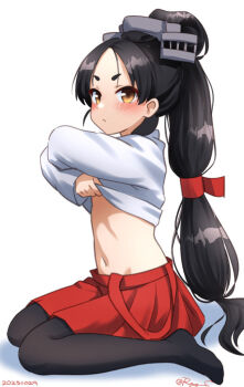 1girl alternate_costume ascot black_hair brown_eyes collared_shirt hair_tie headgear high_ponytail kantai_collection long_hair long_sleeves multi-tied_hair navel nisshin_(hirota)_(kancolle) nisshin_(kancolle) official_alternate_costume pantyhose ponytail ray.s shirt short_eyebrows sitting skirt solo suspender_skirt suspenders undressing very_long_hair white_ascot white_background white_shirt