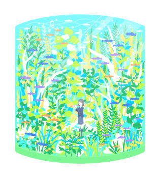 1girl black_jacket black_shoes bubble closed_eyes fish grey_hair grey_skirt grey_socks hebitsukai highres jacket leaf long_sleeves original plant shoes short_hair skirt socks solo standing wide_shot