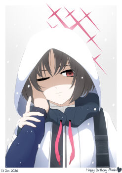 absurdres alexlxpg black_jacket blue_archive coat dated english_text halo hand_on_another's_face happy_birthday highres hood hooded_coat hooded_jacket jacket misaki_(blue_archive) one_eye_closed red_eyes short_hair smile white_coat