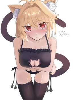 1girl absurdres ahoge animal_ear_fluff animal_ears arcueid_brunestud arms_under_breasts black_thighhighs blonde_hair blush bra breasts carrotyeh cat_cutout cat_ears cat_girl cat_lingerie cat_tail cleavage cleavage_cutout clothing_cutout hair_intakes highres large_breasts looking_at_viewer presenting_breasts red_eyes short_hair tail thighhighs tsukihime tsukihime_(remake) underwear