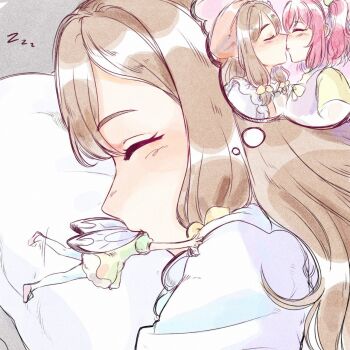 2girls blonde_hair bulkobon closed_eyes dreaming dress fairy fairy_wings genjitsu_no_yohane giant giantess hanamaru_(genjitsu_no_yohane) head_in_mouth highres kicking kiss kunikida_hanamaru kurosawa_ruby long_hair love_live! love_live!_sunshine!! mini_person minigirl multiple_girls pillow red_hair ruby_(genjitsu_no_yohane) short_hair size_difference sleeping speech_bubble thought_bubble twintails vore wings yellow_dress yuri
