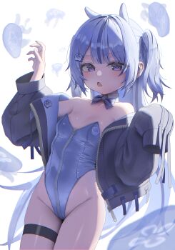 Rule 34 | 1girl, absurdres, black jacket, blue bow, blue bowtie, blue eyes, blue hair, blue leotard, blush, bow, bowtie, chromatic aberration, collar, commentary, cowboy shot, dessin56902, detached collar, flat chest, hair ornament, hands up, highres, jacket, jellyfish, leotard, long sleeves, looking at viewer, multicolored hair, open clothes, open jacket, open mouth, original, parted bangs, sleeves past fingers, sleeves past wrists, solo, standing, strapless, strapless leotard, streaked hair, thigh strap, untranslatable commentary, unzipped, white collar, wing collar, zipper, zipper pull tab