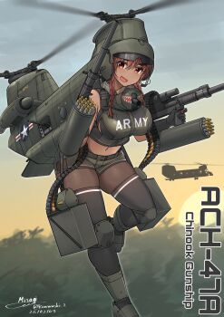 Rule 34 | 1girl, absurdres, aircraft, armored vehicle, breasts, brown hair, ch-47 chinook, commentary request, duplicate, gun, heavy machine gun, helicopter, highres, machine gun, military, military vehicle, original, personification, teisei misagi, united states army, vietnam war, weapon