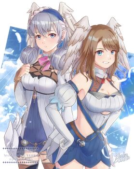 2girls absurdres alternate_costume asymmetrical_bangs blue_eyes breast_tattoo breasts brown_hair cleavage commentary crossed_bangs curly_hair english_commentary eunie_(xenoblade) grey_hair hair_between_eyes hands_on_own_hips head_wings highres large_breasts leaning_forward long_hair melia_antiqua multiple_girls parted_bangs pochamastudios smile standing tattoo watermark white_background wings xenoblade_chronicles:_future_connected xenoblade_chronicles_(series) xenoblade_chronicles_1 xenoblade_chronicles_3