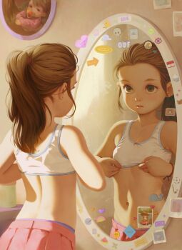 1girl adjusting_bra adjusting_clothes alkemanubis bow bow_bra bra bra_lift breasts brown_eyes brown_hair clothes_lift drawing_(object) female_focus highres indoors lifting_own_clothes loli looking_at_mirror magnet mirror navel original parted_lips pink_bow pink_skirt pleated_skirt ponytail reflection skirt small_breasts solo sticker sticky_note stomach training_bra underwear white_bra