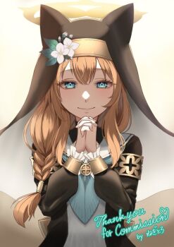 Rule 34 | 1girl, amanegi toro, animal ear fluff, animal ear headwear, animal ears, black veil, blue archive, blue eyes, blush, cat ears, coif, fake animal ears, flower, hair flower, hair ornament, halo, long hair, long sleeves, looking at viewer, mari (blue archive), nun, orange hair, smile, solo, veil, white background, white flower, yellow halo