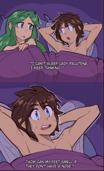 1boy 1girl angel angel_wings arms_behind_head blue_eyes brown_hair collarbone drawfag ed_edd_n_eddy green_eyes green_hair kid_icarus kid_icarus_uprising looking_at_another nickleflick nintendo open_mouth palutena pit_(kid_icarus) scene_reference sweat topless_male under_covers wings