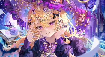 1girl absurdres bat_(animal) black_bow black_nails blonde_hair book bow bowtie building character_request copyright_request crescent crescent_hair_ornament eyelashes flower food-themed_hair_ornament hair_between_eyes hair_ornament hat highres isari_sensei long_sleeves moon night open_book purple_bow purple_bowtie purple_eyes purple_flower purple_hat purple_rose rose solo star_(symbol) star_hair_ornament twitter_username upper_body