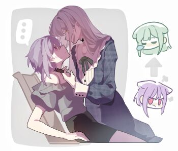 ... 2girls absurdres animal_ears bang_dream! bang_dream!_it&#039;s_mygo!!!!! black_choker black_skirt blue_dress blush cat_ears cat_girl choker choker_pull closed_mouth commentary dog_ears dog_girl dress eye_contact frilled_choker frills green_hair grey_shirt haobuguniao hashtag-only_commentary highres kemonomimi_mode long_hair long_sleeves looking_at_another multiple_girls pink_eyes plaid_clothes plaid_dress purple_hair shirt short_sleeves skirt spoken_ellipsis sweat sweatdrop unmoving_pattern wakaba_mutsumi yellow_eyes yuri yuutenji_nyamu