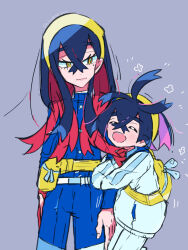 Rule 34 | 1boy, 1girl, arm hug, black hair, blue jacket, blue pants, brother and sister, carmine (pokemon), closed eyes, closed mouth, colored inner hair, creatures (company), crossed bangs, fanny pack, game freak, grey background, hair between eyes, hairband, highres, jacket, kieran (pokemon), long hair, long sleeves, looking at another, mole, mole on neck, mole under eye, multicolored hair, nintendo, open mouth, pants, pokemon, pokemon sv, purple hair, red hair, shiro (46isou), siblings, two-tone hair, white jacket, white pants, yellow bag, yellow eyes, yellow hairband