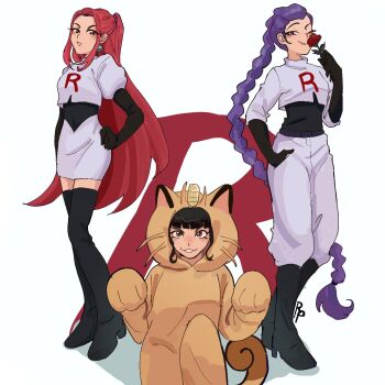 3girls absurdly_long_hair animal_costume black_gloves black_hair blunt_bangs boots braid braided_ponytail brown_eyes commentary cosplay crop_top dutch_braided_ponytail earrings elbow_gloves english_commentary gen_1_pokemon gloves highres james_(pokemon) james_(pokemon)_(cosplay) jessie_(pokemon) jessie_(pokemon)_(cosplay) jewelry kpop_demon_hunters long_hair looking_at_viewer meowth meowth_(cosplay) mira_(kpop_demon_hunters) multiple_girls nintendo paw_pose pink_hair pokemon pokemon_costume purple_hair realyskp rumi_(kpop_demon_hunters) short_bangs sidelocks simple_background single_letter skirt smile sphere_earrings team_rocket team_rocket_uniform thigh_boots undershirt very_long_hair white_skirt zoey_(kpop_demon_hunters)