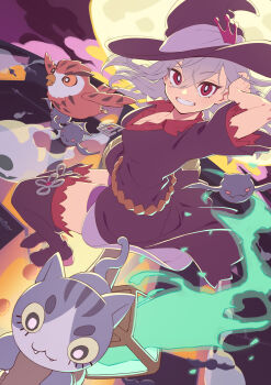 Rule 34 | 1girl, bat (animal), bird, black dress, boots, breasts, bright pupils, broom, broom riding, cat, cleavage, dog man cat, dress, fire, green fire, grey hair, grin, hat, highres, hololive, hololive dev is, isaki riona, moon, owl, red eyes, smile, thigh boots, virtual youtuber, white pupils, witch hat