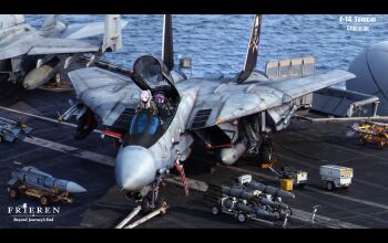 Rule 34 | 2girls, absurdres, aircraft carrier, alternate costume, blunt bangs, blush, closed mouth, commentary request, double-parted bangs, elf, f-14 tomcat, fern (sousou no frieren), flight deck, frieren, green jacket, grey hair, half updo, highres, jacket, long hair, looking at viewer, military vehicle, multiple girls, pointy ears, purple eyes, purple hair, ship, smile, sousou no frieren, thick eyebrows, tiewan, twintails, warship, watercraft