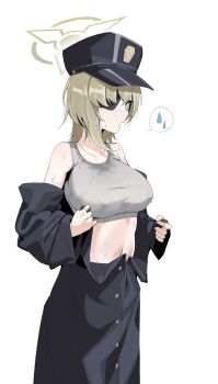absurdres blue_archive coat eyepatch green_eyes green_hair green_halo halo highres navel plentyofempty short_hair simple_background suou_(blue_archive) sweat sweatdrop tank_top undressing upper_body wet wet_clothes white_background