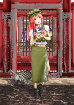 Rule 34 | 1girl, black neckerchief, black shoes, blue bow, blue eyes, bow, braid, gate, green hat, green skirt, green vest, hair bow, hat, highres, hong meiling, kams, long skirt, looking at viewer, navel, neckerchief, own hands together, red hair, shirt, shoes, side slit, skeleton, skirt, standing, star (symbol), touhou, twin braids, vest, white shirt