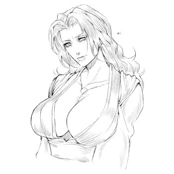 1girl bleach breasts chain chain_necklace cleavage collarbone japanese_clothes jewelry large_breasts long_hair matsumoto_rangiku mole mole_under_mouth monochrome necklace shawl shihakusho solo tsuchikokusha upper_body