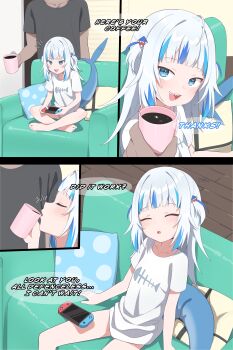 1boy 1girl absurdres alternate_costume barefoot blue_eyes blue_hair blunt_bangs coffee_mug commentary controller couch cup drinking drugged english_text feet fins fish_tail game_controller gawr_gura hair_ornament highres holding holding_controller holding_cup holding_game_controller hololive hololive_english indian_style long_hair long_shirt mug multicolored_hair nintendo_switch notice_lines on_couch onion_(tamanegi) paid_reward_available playing_games shark_hair_ornament shark_tail sharp_teeth shirt short_sleeves sitting sleeping smile speech_bubble streaked_hair t-shirt tail teeth two-tone_hair upper_teeth_only virtual_youtuber white_hair white_shirt zzz