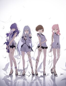 4girls absurdres akiyama_mizuki animal arms_behind_back asahina_mafuyu backlighting bare_arms bare_legs bare_shoulders belt bird black_belt black_nails black_shoes black_shorts blue_eyes breasts brown_eyes brown_hair buttons closed_mouth collared_shirt commentary detached_sleeves double-parted_bangs drill_hair drill_sidelocks earrings full_body grey_hair hair_between_eyes hand_on_own_arm hands_up high_heels high_ponytail high_side_ponytail highres holding holding_microphone holding_stuffed_toy jewelry knees_together_feet_apart light_particles long_hair long_sleeves looking_at_viewer microphone multiple_girls nail_polish necktie own_hands_together pink_eyes pink_hair ponytail project_sekai purple_eyes purple_hair reflective_floor riai_kurumi shinonome_ena shirt shoes short_hair short_sleeves shorts side_drill side_ponytail sidelocks simple_background skirt sleeveless sleeveless_shirt small_breasts smile sparkle standing straight_hair stuffed_animal stuffed_rabbit stuffed_toy swept_bangs v_arms very_long_hair white_background white_bird white_necktie white_shirt white_shoes white_shorts white_sleeves yoisaki_kanade