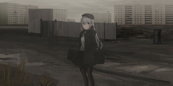 1girl beret black_eyes black_hat black_jacket black_pantyhose black_ribbon black_skirt breasts brown_eyes building chihuri closed_mouth cloud cloudy_sky dress_shirt eva_(chihuri) eve_(chihuri) female_focus fence grey_hair hair_between_eyes hair_ribbon hand_in_pocket hat heterochromia highres jacket lamppost long_hair long_sleeves looking_at_viewer mud open_clothes open_jacket original outdoors overcast pantyhose pleated_skirt puddle ribbon shirt skirt sky small_breasts solo very_long_hair water white_shirt