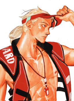 Rule 34 | 1boy, abs, adjusting clothes, adjusting headwear, arm up, bare pectorals, blonde hair, brown eyes, collarbone, commentary request, hat, highres, korean commentary, lifeguard, lifeguarder lifeweaver, lifeweaver (overwatch), looking ahead, male focus, nipples, official alternate costume, overwatch, pectorals, profile, red hat, red vest, shiny skin, simple background, solo, su hanmoo, toned, toned male, upper body, vest, visor cap, whistle, whistle around neck, white background