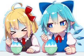 &gt;_&lt; 2girls absurdres ahoge aqua_hair black_vest blonde_hair blue_bow blue_dress blue_eyes blue_outline blush bow bowl brain_freeze bright_pupils circled_9 cirno clenched_hand collared_shirt commentary double-parted_bangs dress eating fairy fang food hair_bow hair_ribbon highres holding holding_spoon ice ice_wings long_hair looking_at_another multiple_girls multiple_wings neck_ribbon necktie outline pinafore_dress pointy_ears puffy_short_sleeves puffy_sleeves red_necktie red_ribbon ribbon rumia shaved_ice shirt short_sleeves skin_fang sleeveless sleeveless_dress spoon sweatdrop syrup tekina_(chmr) touhou trembling upper_body vest white_pupils white_shirt wings