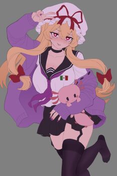 1girl absurdres animal axolotl black_skirt black_thighhighs blonde_hair bow commission garter_straps grey_background hair_bow hat hat_ribbon heart heart-shaped_pupils highres holding holding_animal looking_at_viewer mexican_flag mexico mob_cap necktie nezo no_shoes open_clothes purple_nails purple_necktie red_bow ribbon sailor_collar school_swimsuit sidelocks skirt smile solo swimsuit symbol-shaped_pupils thighhighs touhou v white_hat yakumo_yukari