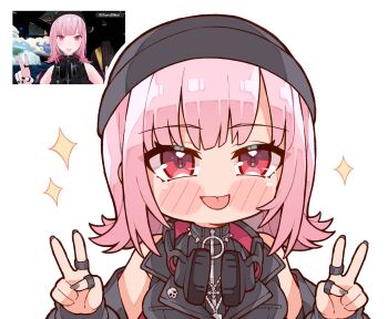 1girl :p bare_shoulders black_hat blush chibi chibi_only commentary double_v english_commentary grey_nails hat headphones headphones_around_neck highres hololive hololive_english jewelry kukie-nyan long_hair looking_at_viewer mori_calliope mori_calliope_(the_story_thus_far) nail_polish off_shoulder official_alternate_costume official_alternate_hairstyle pink_hair red_eyes reference_inset ring screenshot_inset simple_background solo sparkle tongue tongue_out v virtual_youtuber white_background