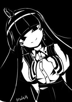 1girl absurdres brodall_pixel closed_mouth earrings hairband high_contrast highres hime_cut jewelry key_earrings long_hair looking_at_viewer michigami_nareko signature smile solo touhou usekh_collar