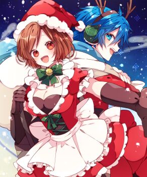 1boy 1girl :d apron blue_background blue_eyes blue_hair blush breasts brown_eyes brown_gloves brown_hair cleavage cleavage_cutout clothing_cutout commentary_request cowboy_shot double-parted_bangs dress earmuffs fake_antlers frilled_apron frilled_sleeves frills fur-trimmed_headwear fur_trim gloves green_necktie hair_between_eyes hat highres kaho_0102 kaito_(vocaloid) large_breasts looking_at_viewer meiko_(vocaloid) necktie open_mouth parted_bangs red_dress red_hat sack santa_costume santa_dress santa_hat short_hair short_sleeves smile snowing vocaloid waist_apron white_apron